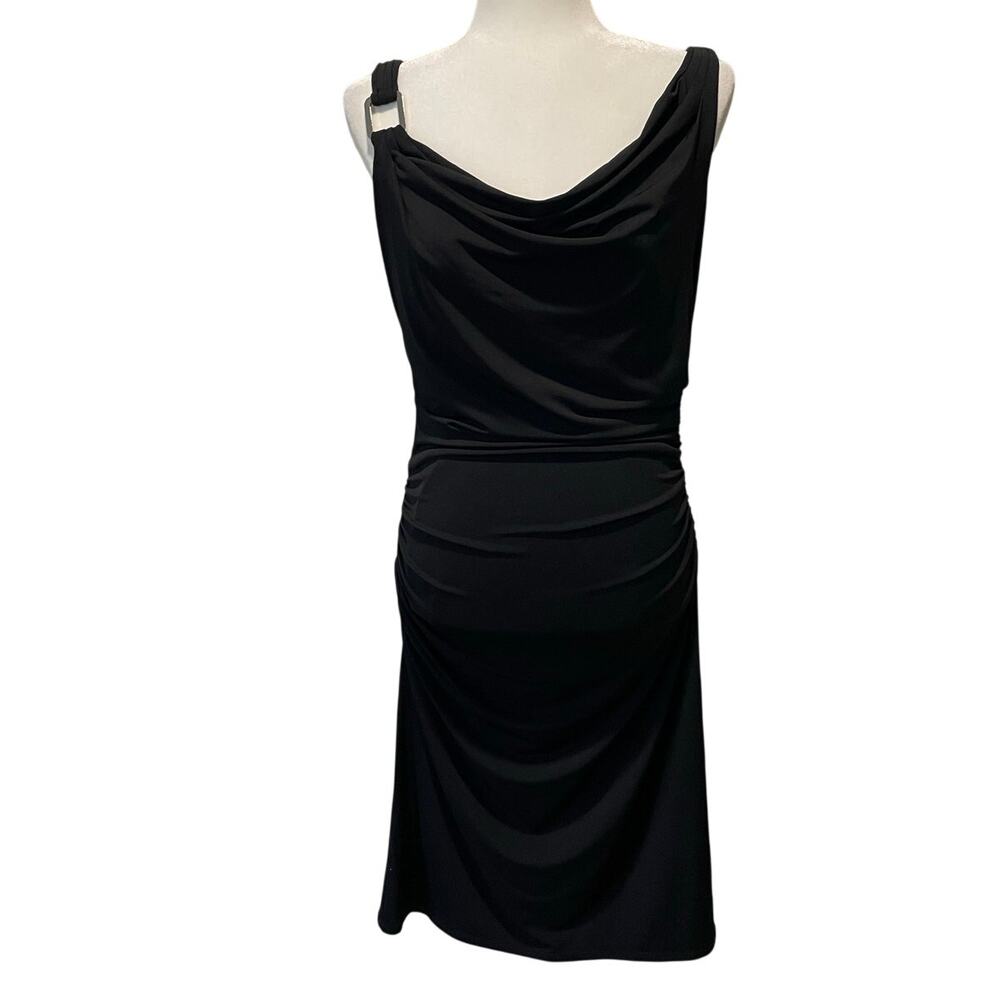 White House Black Market Sheath Midi Dress Sz 8 Black Draped Neck Low Back Party